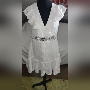 FRANCESCAS Mini Dress  White Gauze Lace Midriff Lined Flutter Sleeve Mi Ami